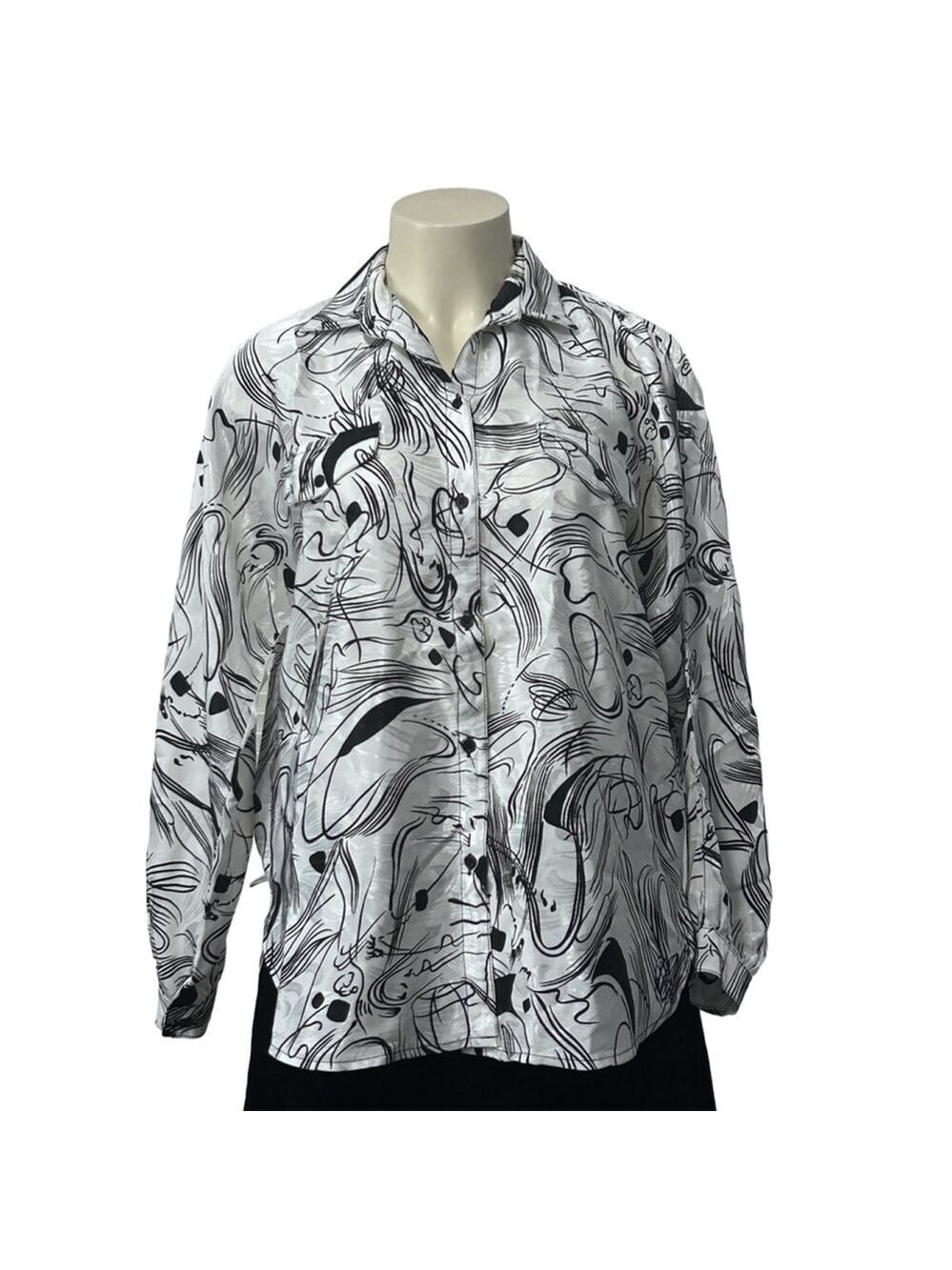 Vintage CoCo Abstract Satin Button Down Blouse White Black 2X-3X